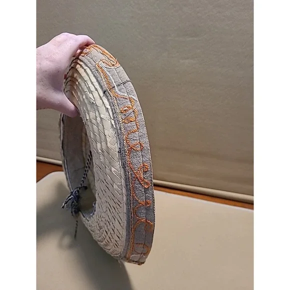 Vintage Straw Hat Woven With Design Embroidered Orange‎ Yellow Small 7" Opening - Picture 14 of 16